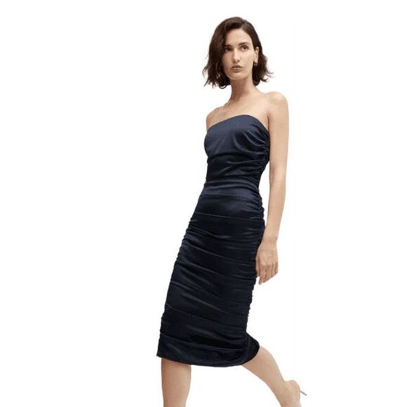 Veronica Beard "Kupa" ruched strapless midi dress in luxe silk Navy NWT $648 - Picture 3 of 6